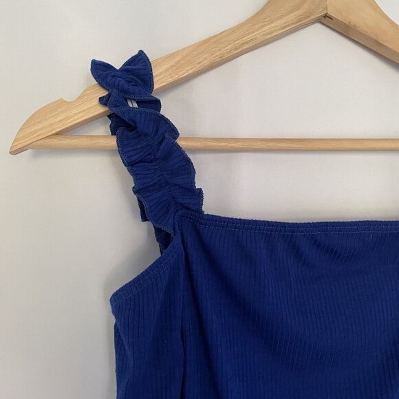 Saints 21 Ribbed Blue Sleeveless Bodysuit With Ruffle Straps women's size small - Picture 2 of 6